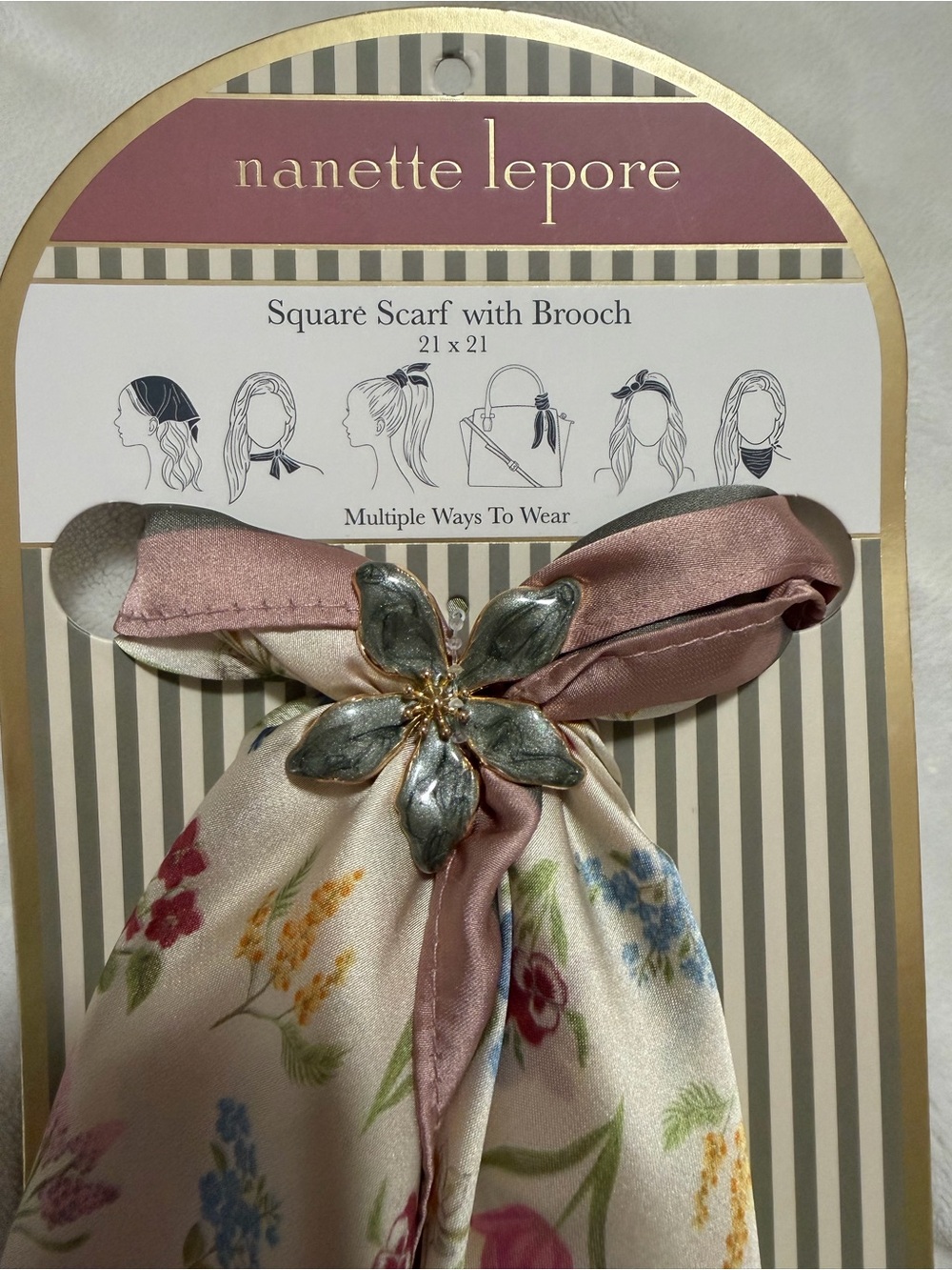 Nanette Lepore Pink Floral Square Scarf with Flower Brooch